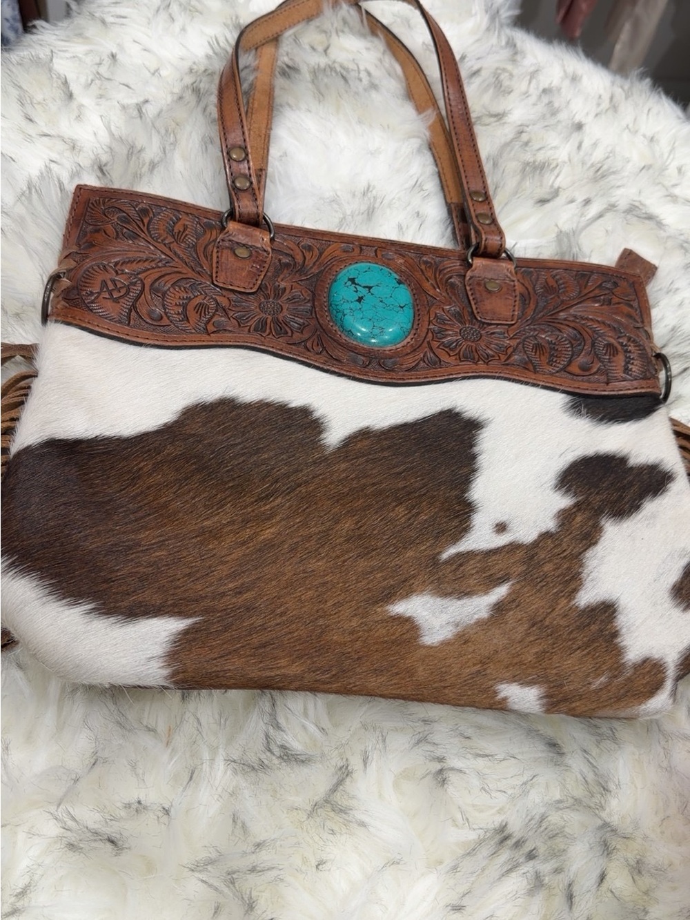 American Darling Brown and White Cowhide Tote with Turquoise Accent